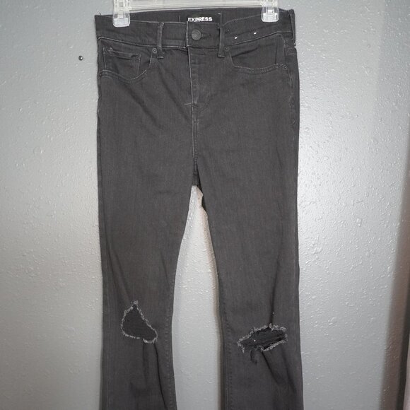 Express Womens Black Distressed Boot Cut High Rise Denim Jeans Size 2 Short - Picture 2 of 7